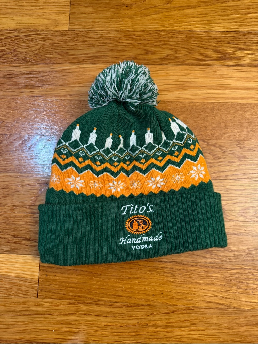 Tito's Handmade Vodka knit pom beanie fold-over cuff and a fleece lining NWOT